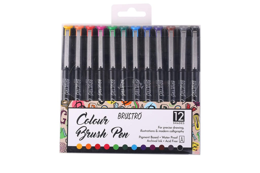 BRUSTRO Colour Brush Pens Set of 12 (Pigment based, Hard tip brush pen) Flexible tip for lettering and drawing techniques. - Stationery | Buy online on ZillyBuy