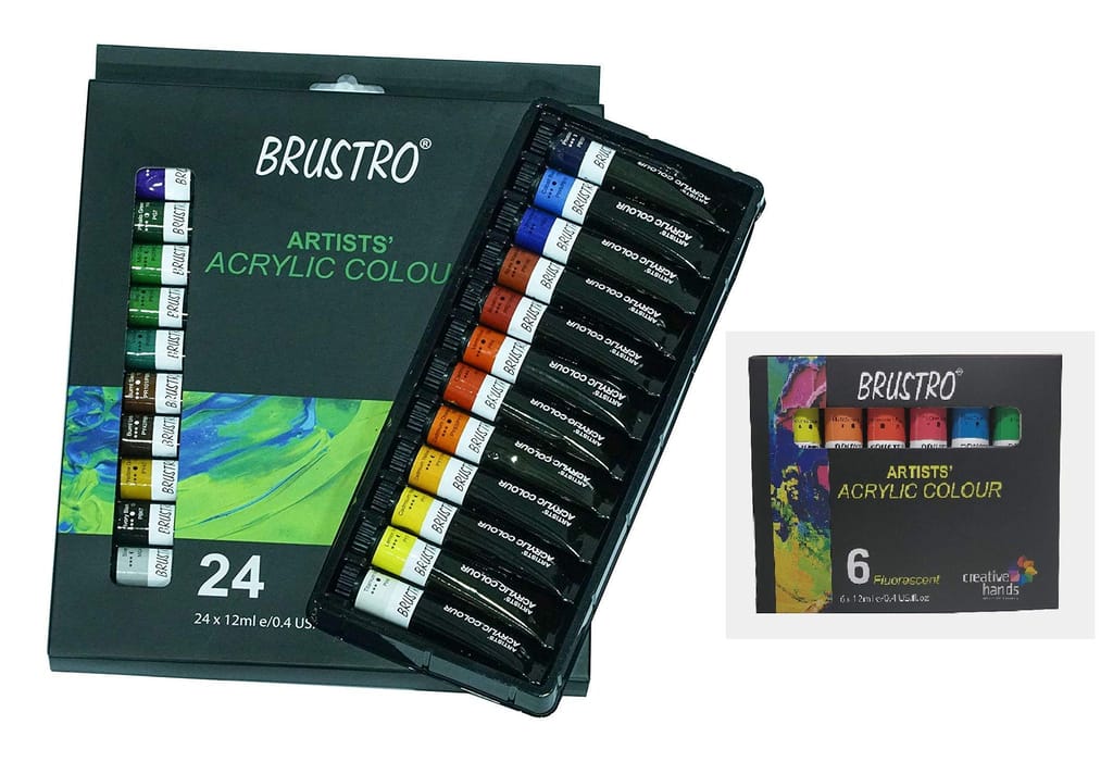 BRUSTRO Artists' Acrylic Colour Complete Range of 24 (Basic) with 6 (Fluorescent) Shades - Stationery | Buy online on ZillyBuy