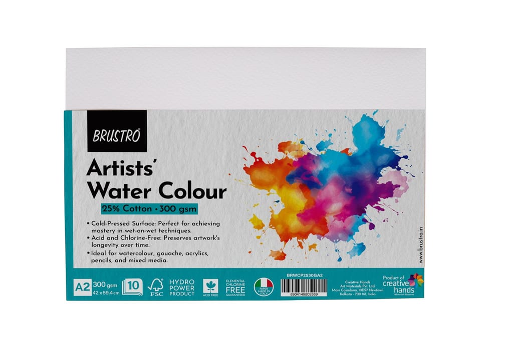 BRUSTRO Artists Watercolor Paper 25% Cotton Cold Pressed 300 GSM, Size- A2, 10 Sheets - Stationery | Buy online on ZillyBuy