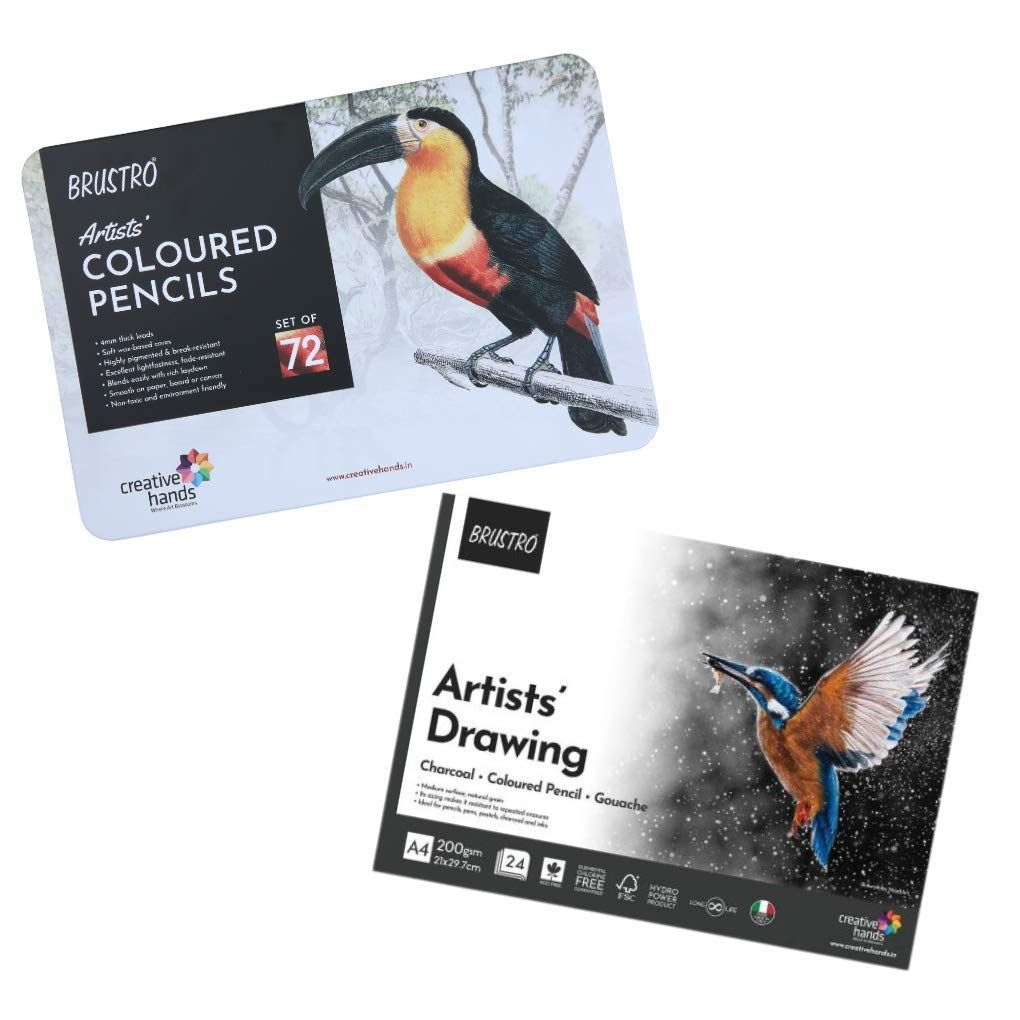 BRUSTRO Artists Colour Pencil Set of 72 (in Elegant tin Box) with Drawing Glued Pad - Stationery | Buy online on ZillyBuy