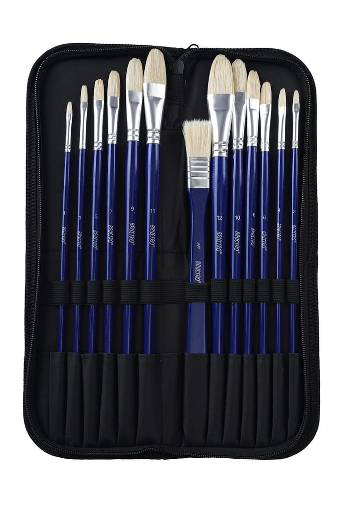 Brustro Artists White Bristle Hair Brushes for Oil and Acrylic Paint with an Elegant Zippered Brush Wallet (Pack of 13) - Stationery | Buy online on ZillyBuy