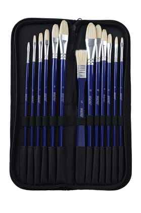Brustro Artists White Bristle Hair Brushes for Oil and Acrylic Paint with an Elegant Zippered Brush Wallet (Pack of 13)