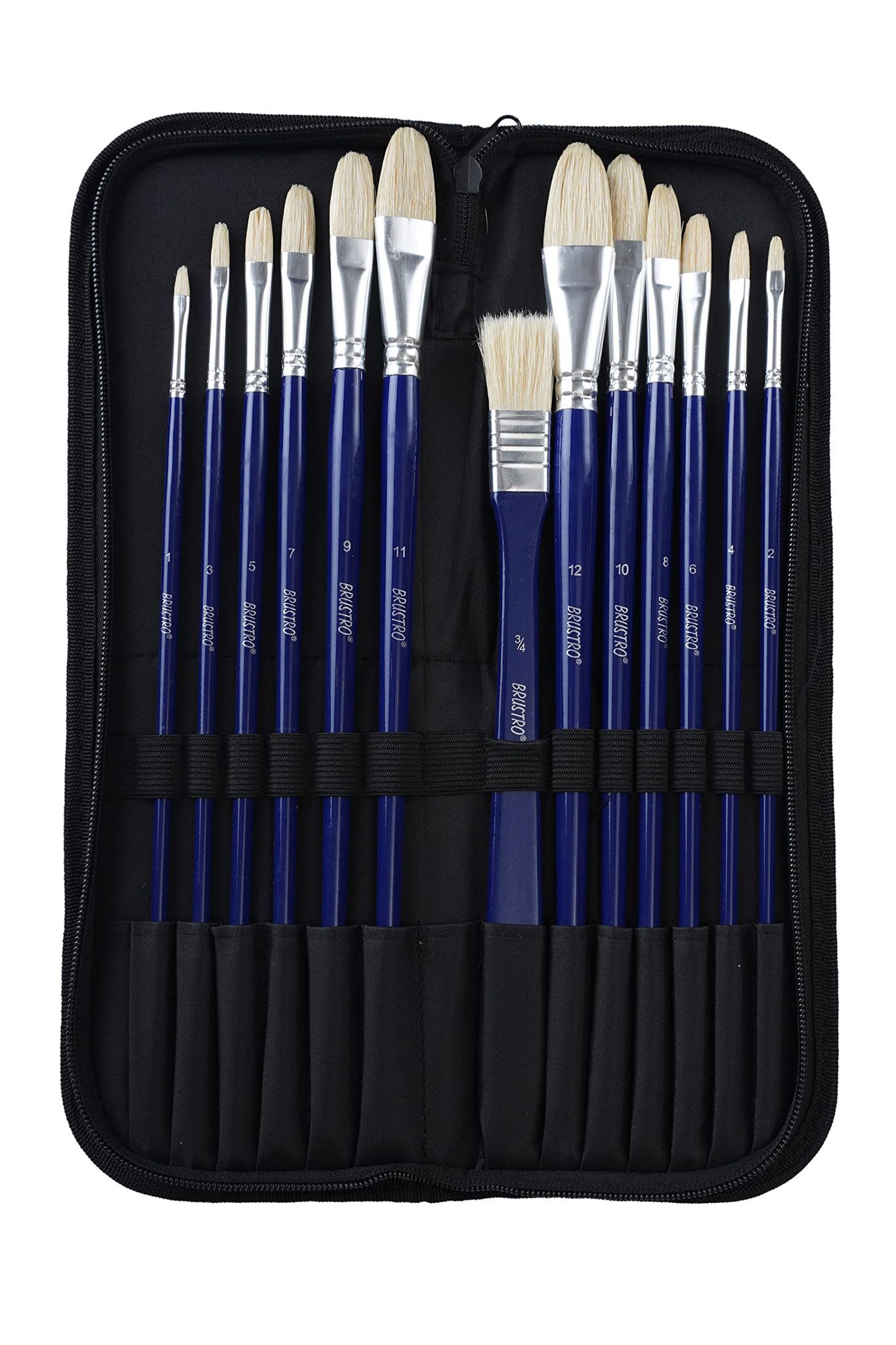 Brustro Artists White Bristle Hair Brushes for Oil and Acrylic Paint with an Elegant Zippered Brush Wallet (Pack of 13)