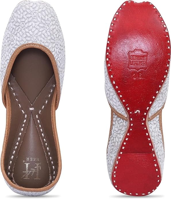 HEER Women's Traditional Embroidered Rajasthani Jutti Handmade Latest Stylish Mojari Snowy White