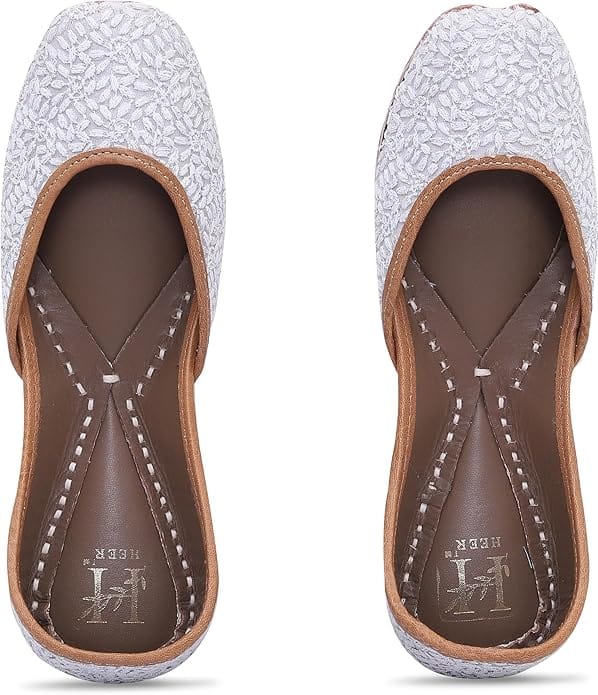 HEER Women's Traditional Embroidered Rajasthani Jutti Handmade Latest Stylish Mojari Snowy White