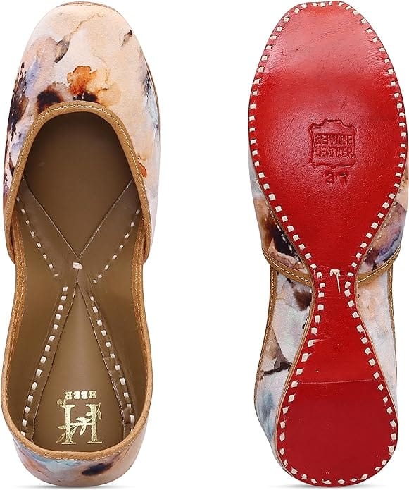 HEER Women's Genuine Soft Leather Sol Casual Punjabi Jutti for Bridal Ethnic Flats Mojari Marble