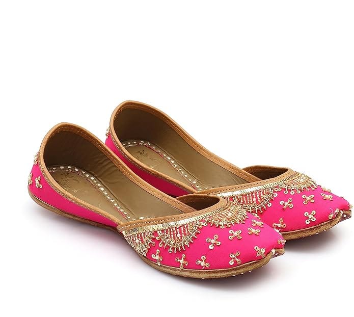 HEER Women's & Girls Handmade Embroiderd Punjabi, Rajasthani Jutti Ethnic Traditional Footwear Pink Color