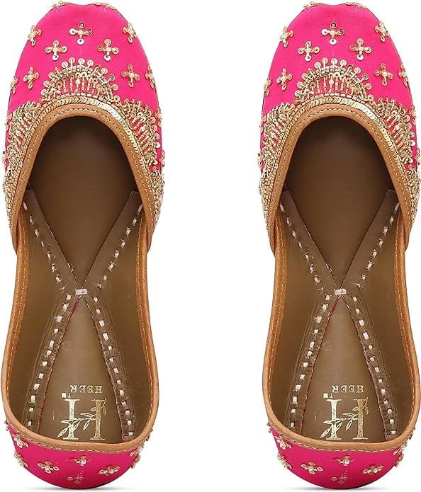 HEER Women's & Girls Handmade Embroiderd Punjabi, Rajasthani Jutti Ethnic Traditional Footwear Pink Color