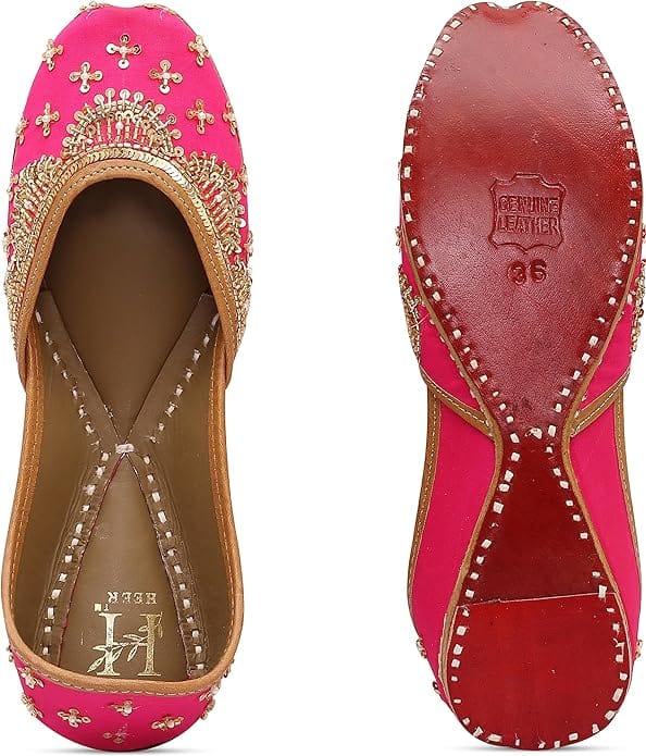 HEER Women's & Girls Handmade Embroiderd Punjabi, Rajasthani Jutti Ethnic Traditional Footwear Pink Color