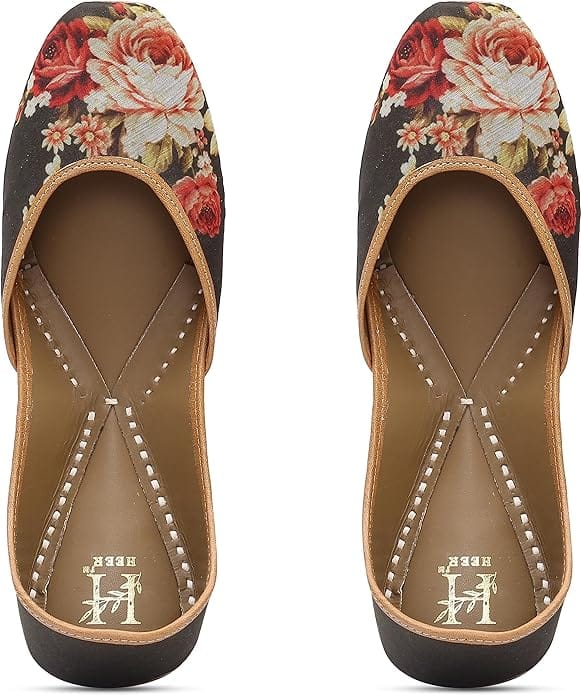 HEER Women's Handmade Jutti Traditional Flat Mojari Embroidered Canvas Slip on Bellies Casual Ethnic Wear Green