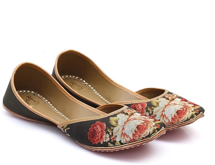 HEER Women's Handmade Jutti Traditional Flat Mojari Embroidered Canvas Slip on Bellies Casual Ethnic Wear Green