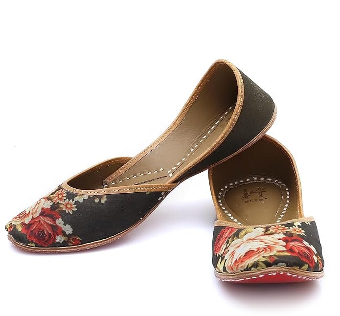 HEER Women's Handmade Jutti Traditional Flat Mojari Embroidered Canvas Slip on Bellies Casual Ethnic Wear Green