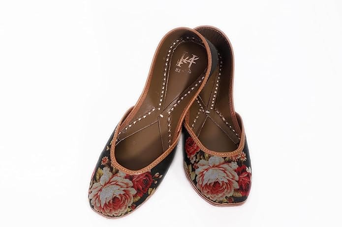 HEER Women's Handmade Jutti Traditional Flat Mojari Embroidered Canvas Slip on Bellies Casual Ethnic Wear Green