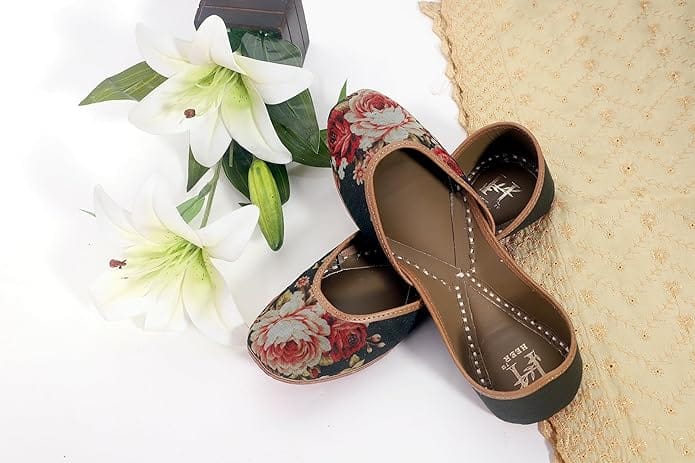 HEER Women's Handmade Jutti Traditional Flat Mojari Embroidered Canvas Slip on Bellies Casual Ethnic Wear Green