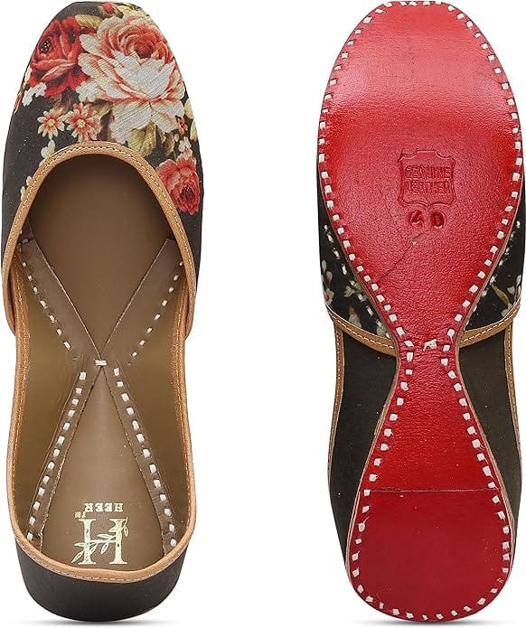 HEER Women's Handmade Jutti Traditional Flat Mojari Embroidered Canvas Slip on Bellies Casual Ethnic Wear Green