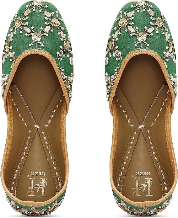 HEER Women's Ethnic Handmade Jutti |Traditional Flat Mojari |Embroidered Canvas Slip on Bellies Peacock Green