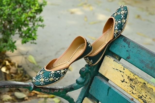 HEER Women's Ethnic Handmade Jutti |Traditional Flat Mojari |Embroidered Canvas Slip on Bellies Peacock Green