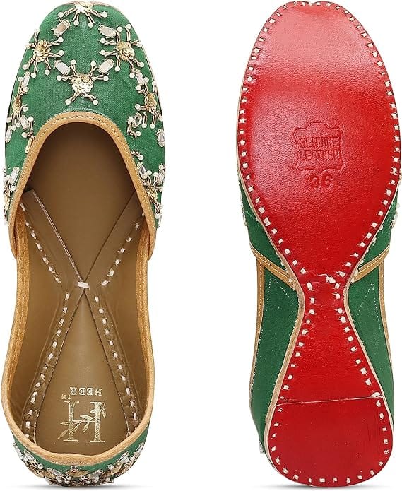 HEER Women's Ethnic Handmade Jutti |Traditional Flat Mojari |Embroidered Canvas Slip on Bellies Peacock Green