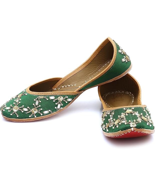 HEER Women's Ethnic Handmade Jutti |Traditional Flat Mojari |Embroidered Canvas Slip on Bellies Peacock Green