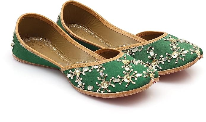 HEER Women's Ethnic Handmade Jutti |Traditional Flat Mojari |Embroidered Canvas Slip on Bellies Peacock Green