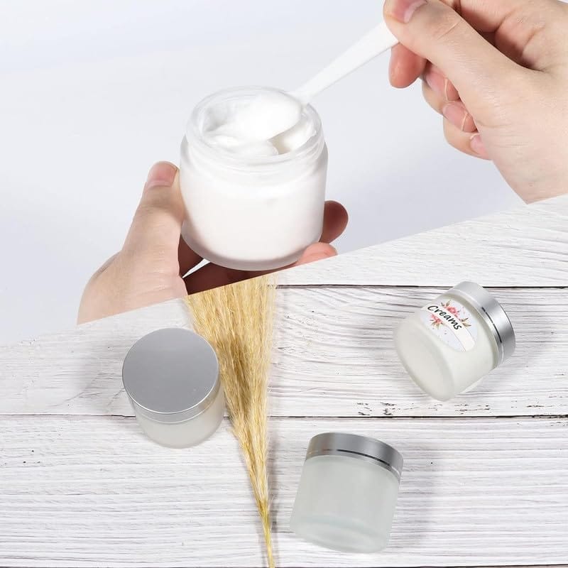 Frosted Glass Jars with Silver Lids & Inner Liners, Empty Matte Clear Round Refillable Cosmetic Containers Travel Jars for Cosmetics,Body Face Cream Lotion PRNT