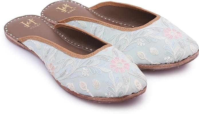 HEER Women's Embroidered Rajasthani Jutti Handmade Stylish Mojari Open Ankal Jutti Sky Blue