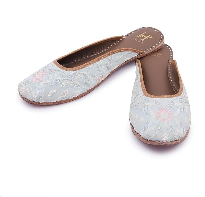 HEER Women's Embroidered Rajasthani Jutti Handmade Stylish Mojari Open Ankal Jutti Sky Blue