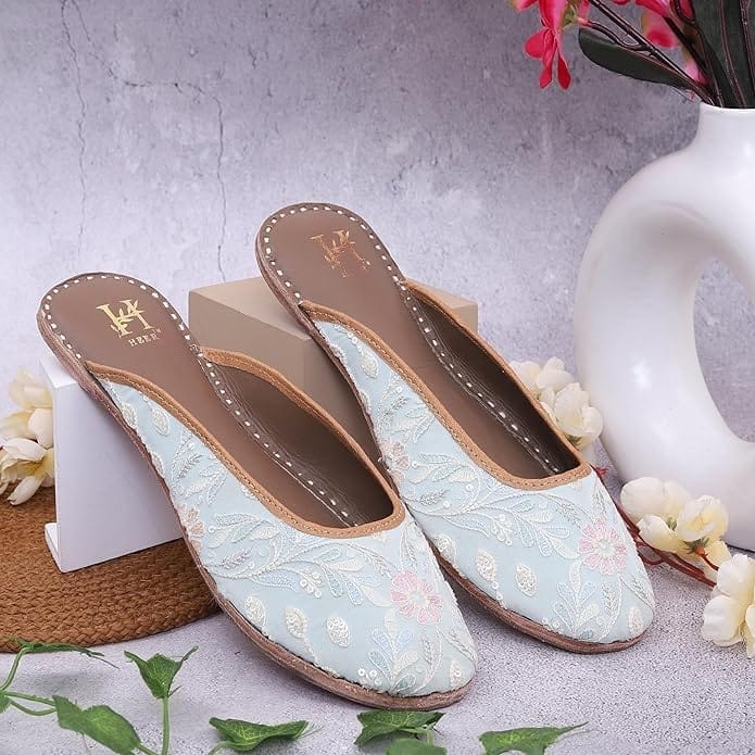 HEER Women's Embroidered Rajasthani Jutti Handmade Stylish Mojari Open Ankal Jutti Sky Blue