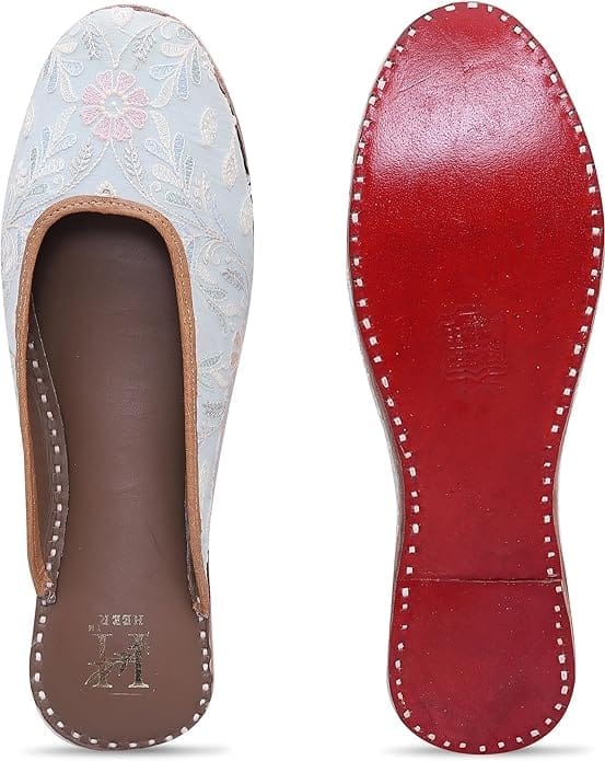 HEER Women's Embroidered Rajasthani Jutti Handmade Stylish Mojari Open Ankal Jutti Sky Blue
