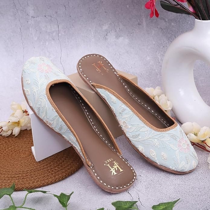 HEER Women's Embroidered Rajasthani Jutti Handmade Stylish Mojari Open Ankal Jutti Sky Blue