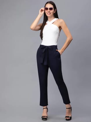 Blue woven slim fit trouser & Knits TOP criss cross halter sleeveless tee (Top & Bottom set)