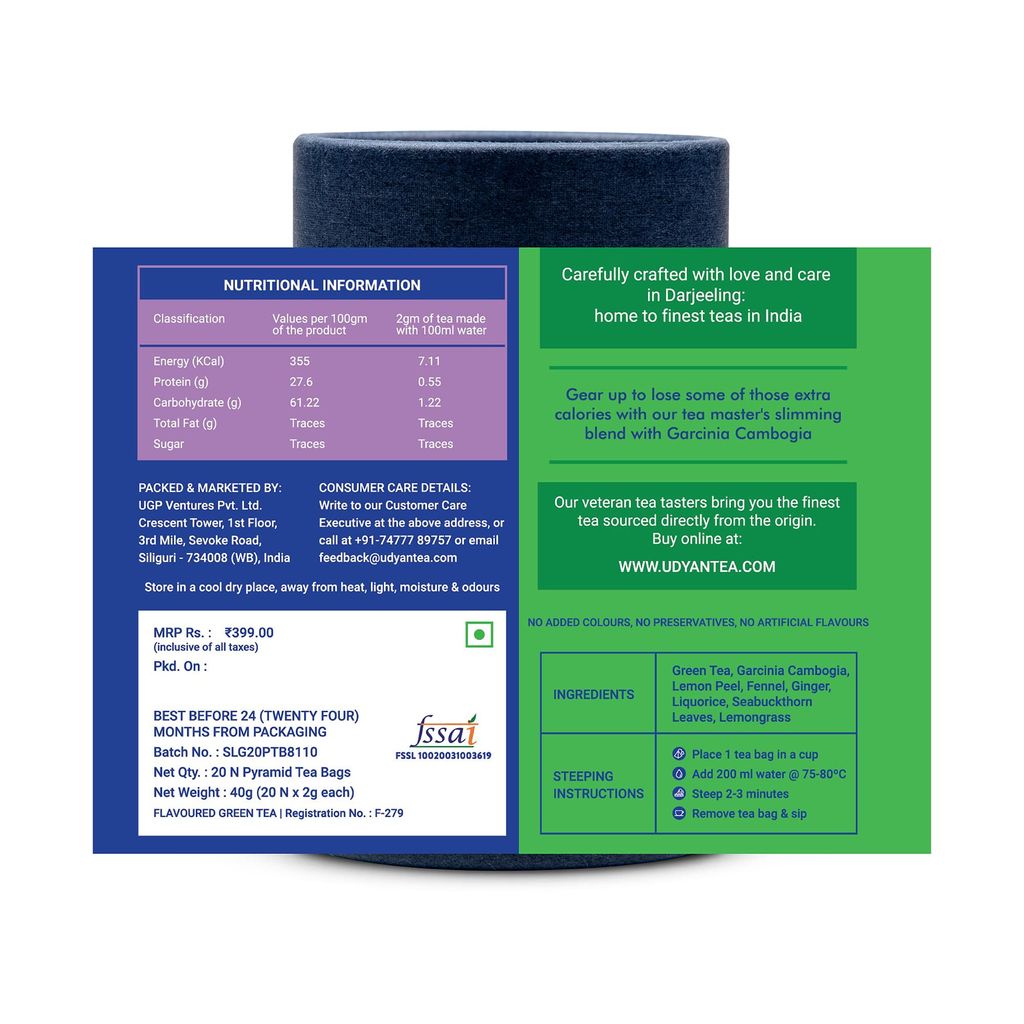 Udyan Tea Slimming Tea, 20 Pyramid Tea Bags | Herbal Green Tea with Garcinia Cambogia