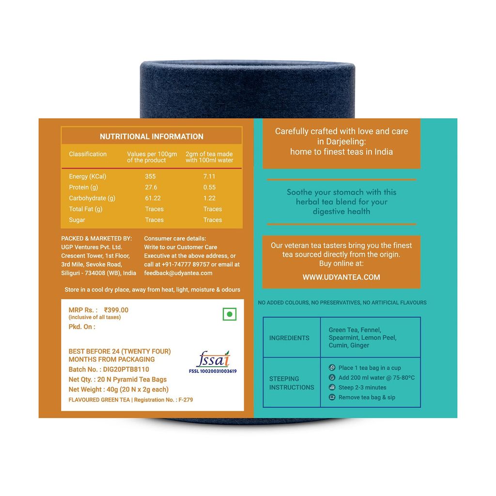 Udyan Tea Digestive Tea, 20 Pyramid Tea Bags | 100% Natural, Whole Leaf Herbal Green Tea for Digestion