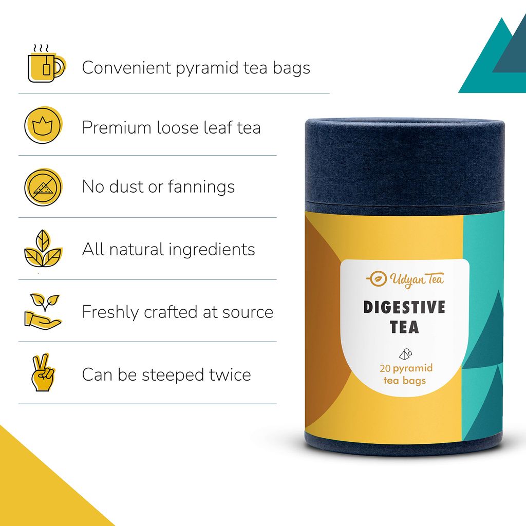 Udyan Tea Digestive Tea, 20 Pyramid Tea Bags | 100% Natural, Whole Leaf Herbal Green Tea for Digestion
