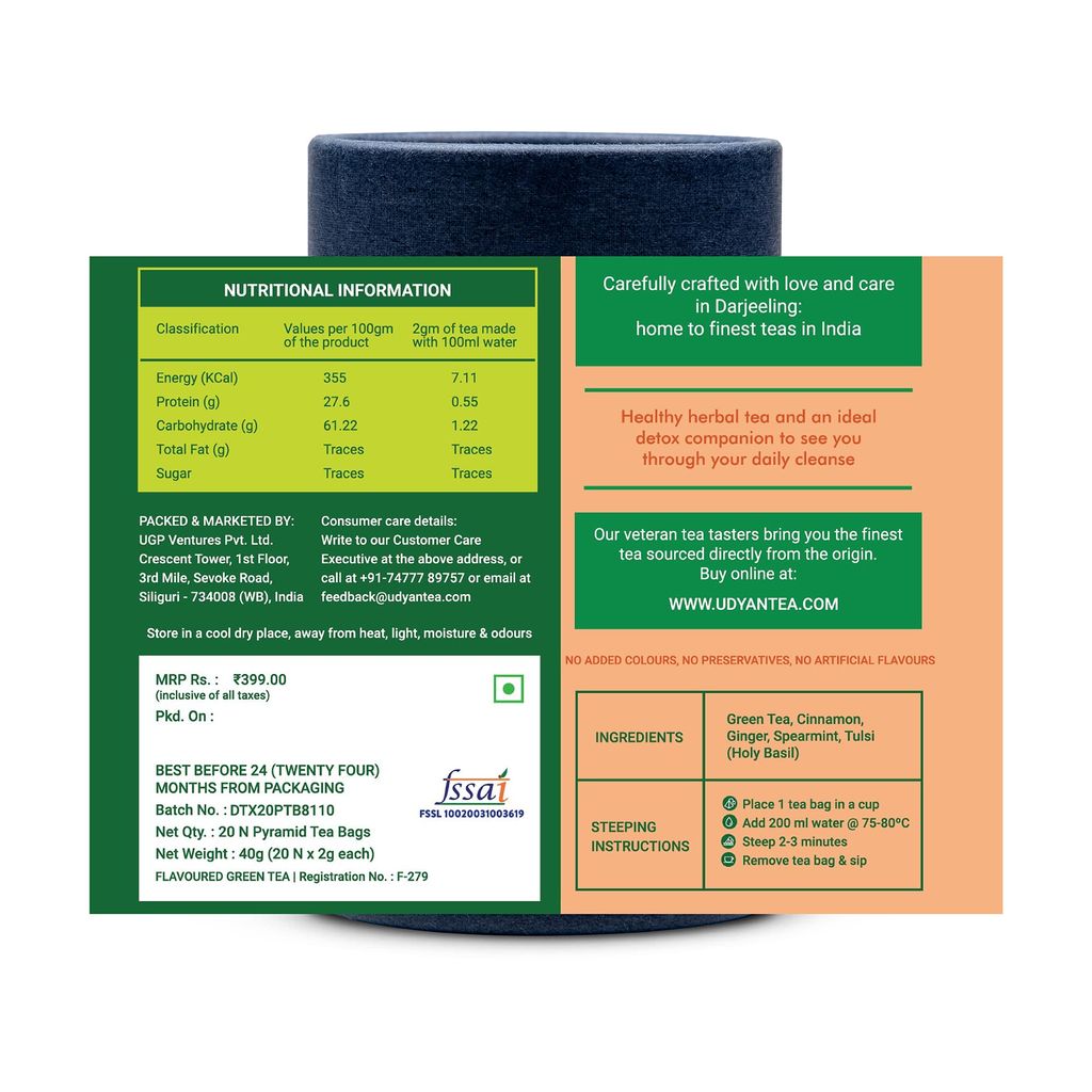 Udyan Tea Detox Tea; 20 Pyramid Tea Bags | 100% Natural; Whole Leaf Herbal Green Tea