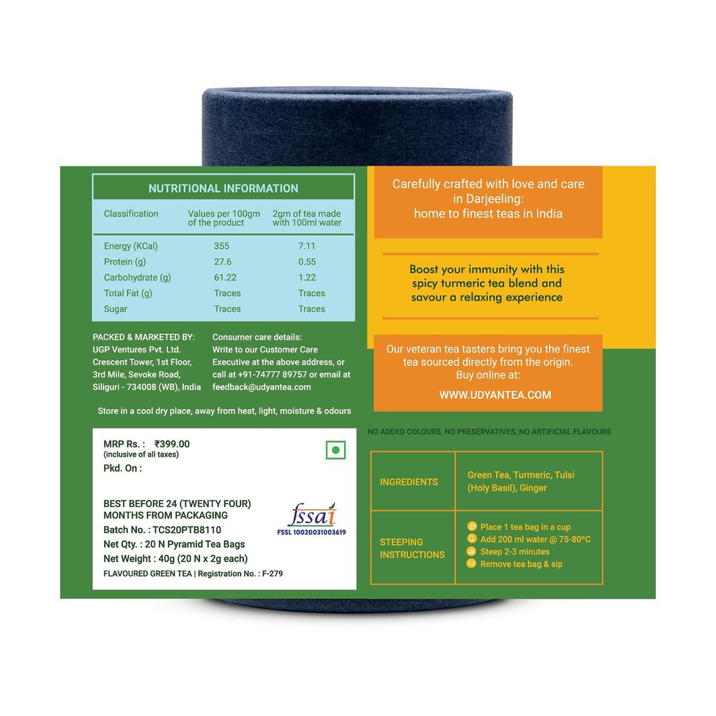 Udyan Tea Turmeric Spice Green Tea, 20 Pyramid Tea Bags | Immunity Boosting Herbal Tea