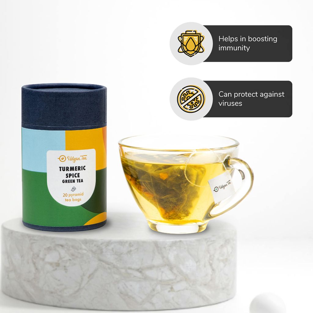 Udyan Tea Turmeric Spice Green Tea, 20 Pyramid Tea Bags | Immunity Boosting Herbal Tea