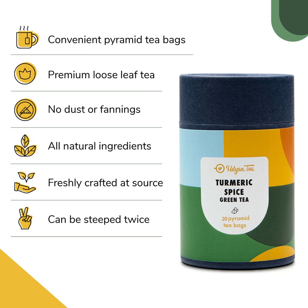 Udyan Tea Turmeric Spice Green Tea, 20 Pyramid Tea Bags | Immunity Boosting Herbal Tea