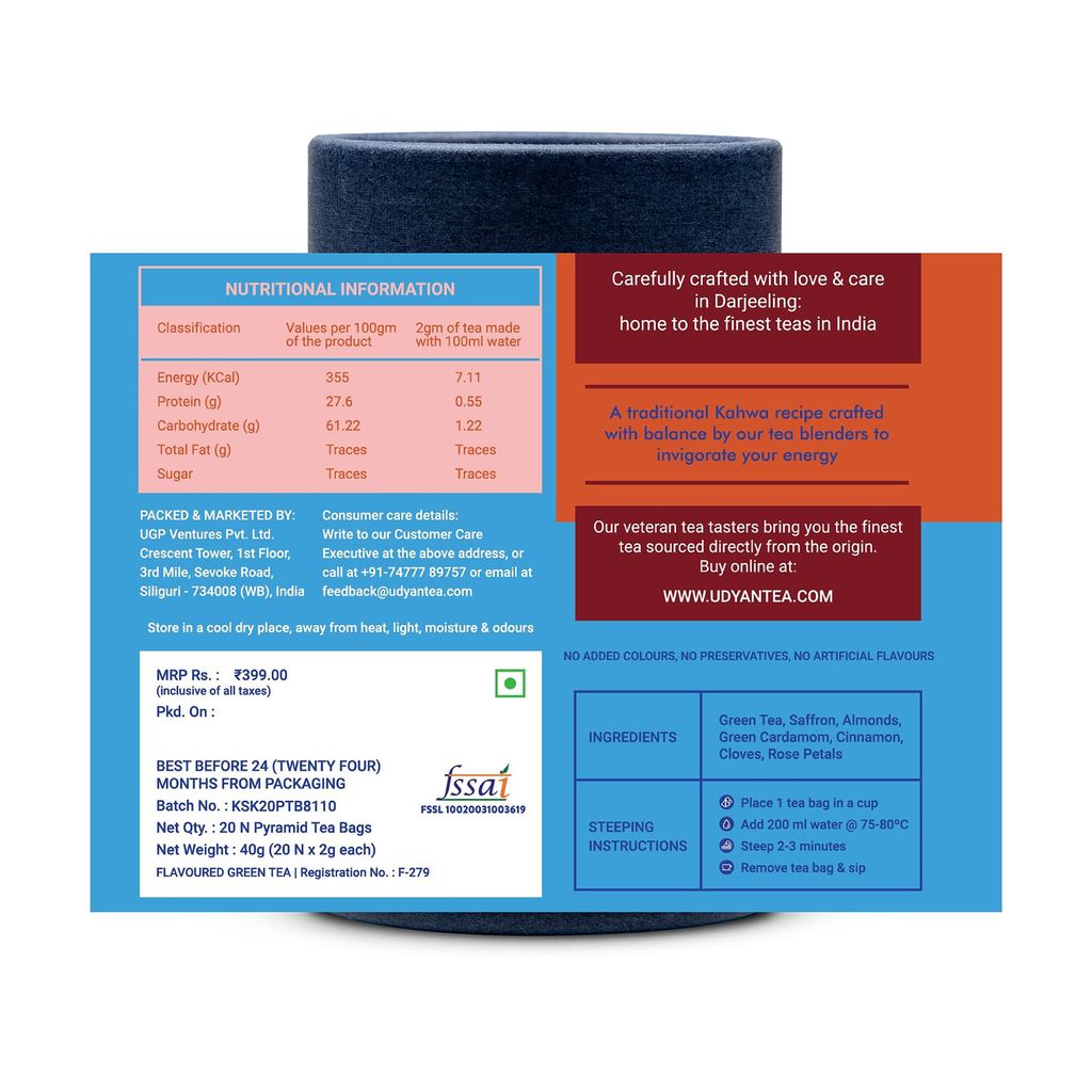 Udyan Tea Kashmiri Kahwa Green Tea Bags, 20 Pyramid Tea Bags | 100% Natural Whole Leaf Tea with Herbs & Spices