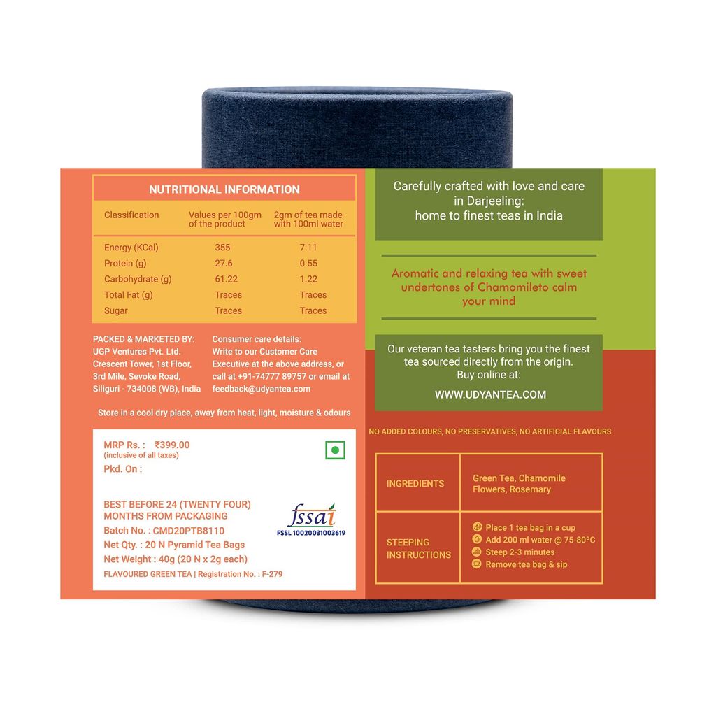 Udyan Tea Chamomile Green Tea, 20 Pyramid Tea Bags | Calm Your Mind | Bed Time Tea
