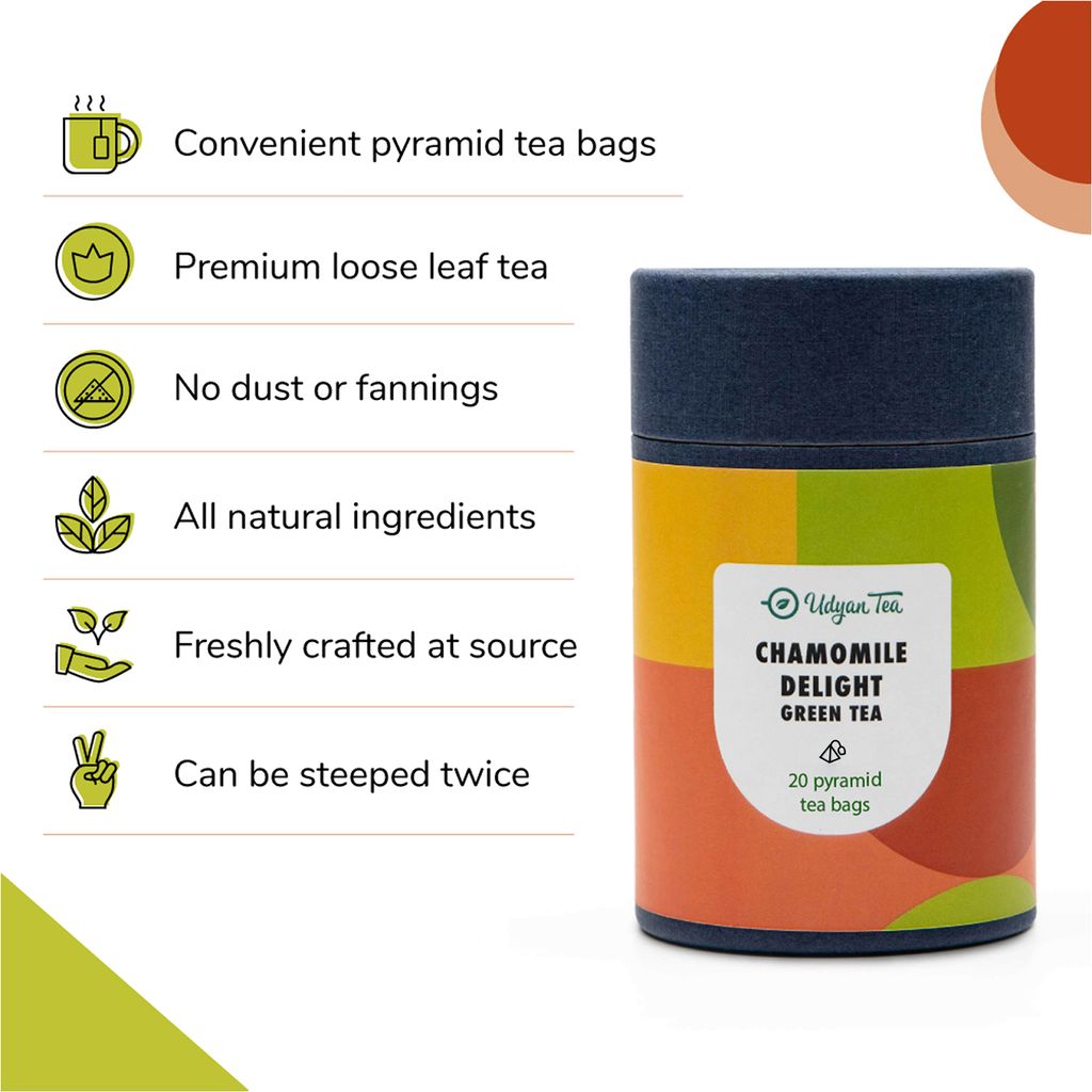 Udyan Tea Chamomile Green Tea, 20 Pyramid Tea Bags | Calm Your Mind | Bed Time Tea