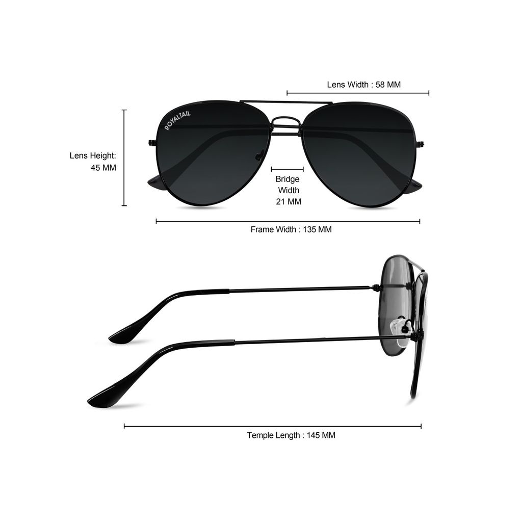 Royaltail Black Classic Glass and Black Frame Aviator Sunglasses for men and Women