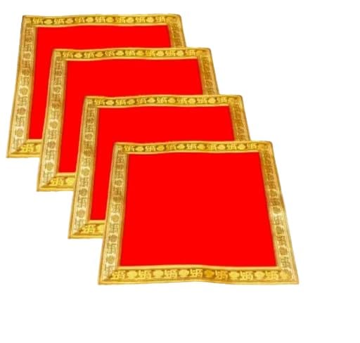 POOJAPAATHS.COM Super Soft Velvet Pooja Aasan Cloth Chowki Aasan Kapda Mat for God Idol Sitting, Puja Mandir Table and Temple Shelf,Red, Pack of 4