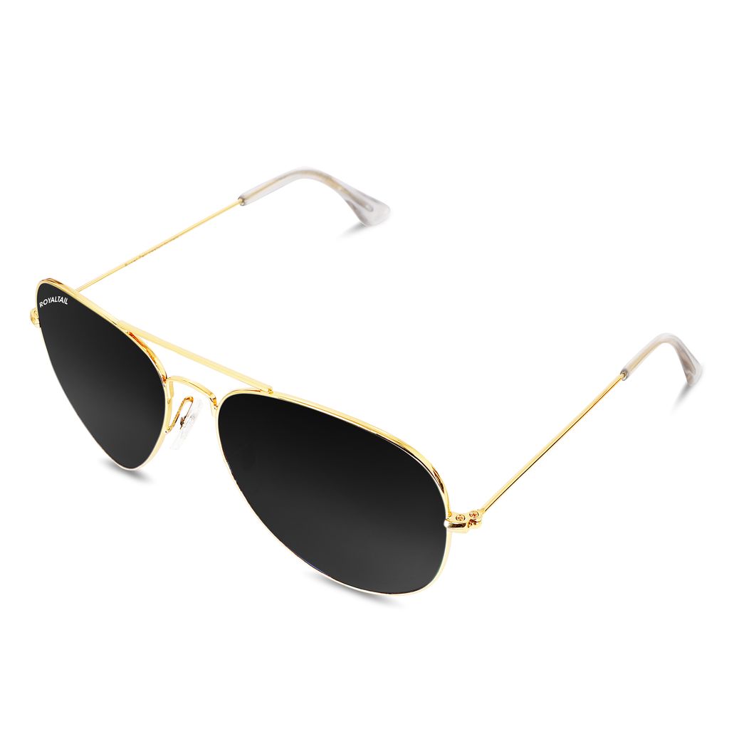 Royaltail Black Classic Glass and Gold Frame Aviator Sunglasses For Men and Women