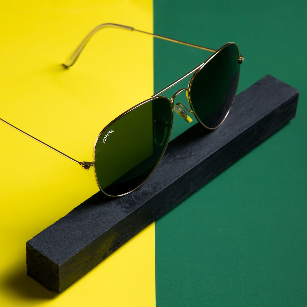 Royaltail Green Classic Glass and Gold Frame Aviator Sunglasses For Men and Women