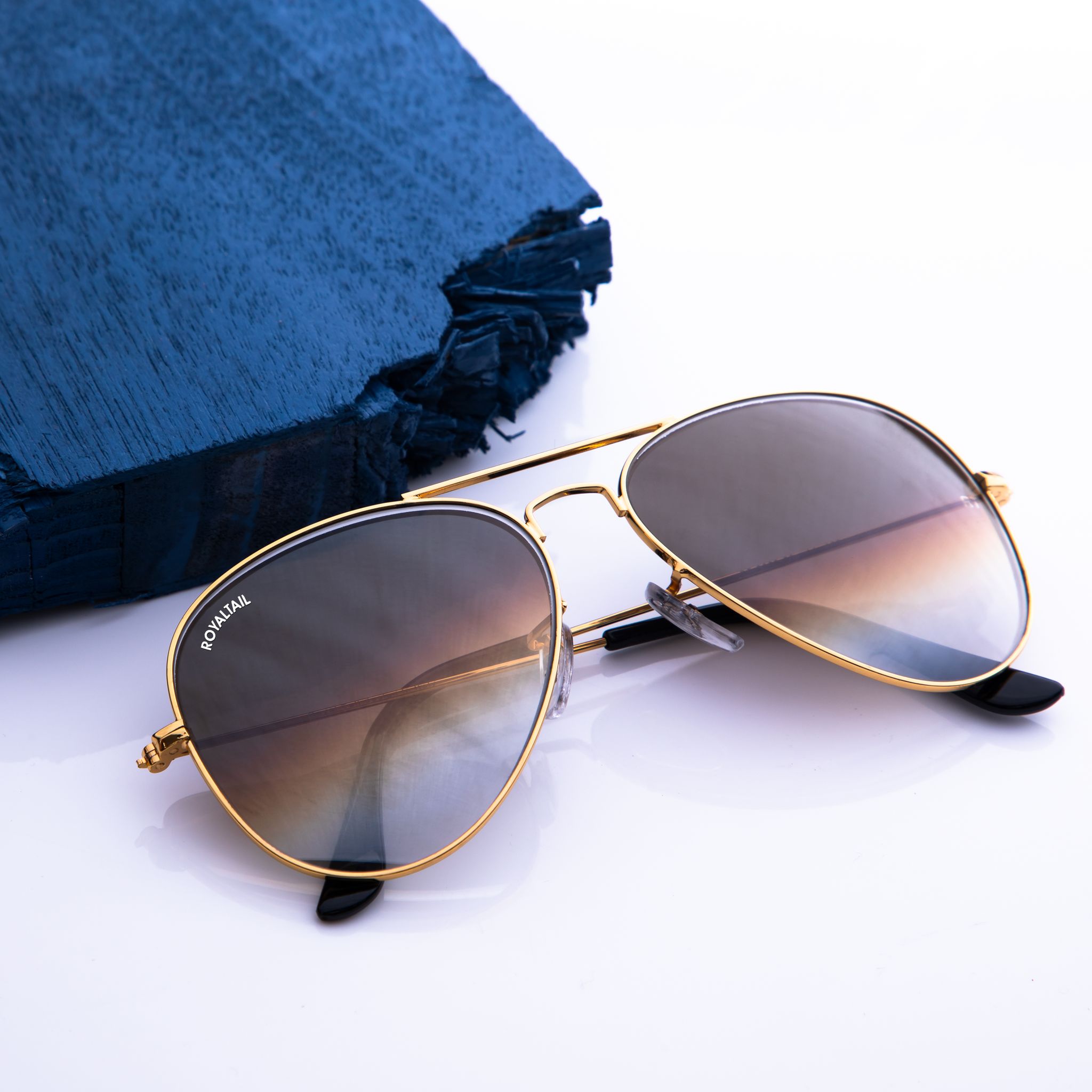 Royaltail Light Brown Gradient Glass and Gold Frame Aviator Sunglasses For Men and Women