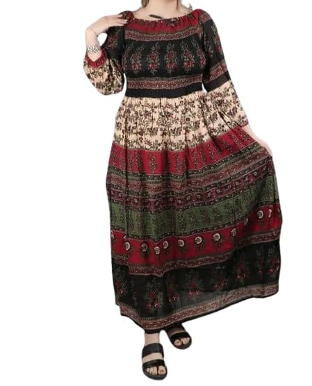 Ukal Women's Cotton Dress Jaipuri Sanganeri Print Midi Long Dress Printed Flare Maxi Dress A-Line Gown Dress Maxi Skirt, Mandala (Free Size)