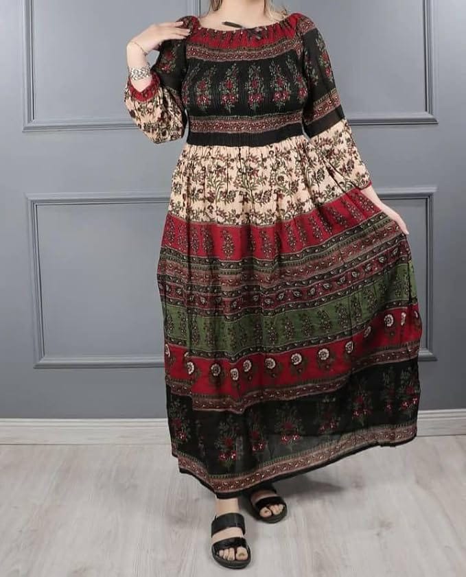 Ukal Women's Cotton Dress Jaipuri Sanganeri Print Midi Long Dress Printed Flare Maxi Dress A-Line Gown Dress Maxi Skirt, Mandala (Free Size)