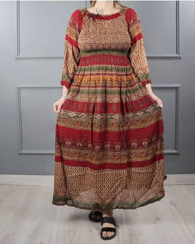 Ukal Women's Cotton Dress Jaipuri Sanganeri Print Midi Long Dress Printed Flare Maxi Dress A-Line Gown Dress Maxi Skirt, Mandala (Free Size)