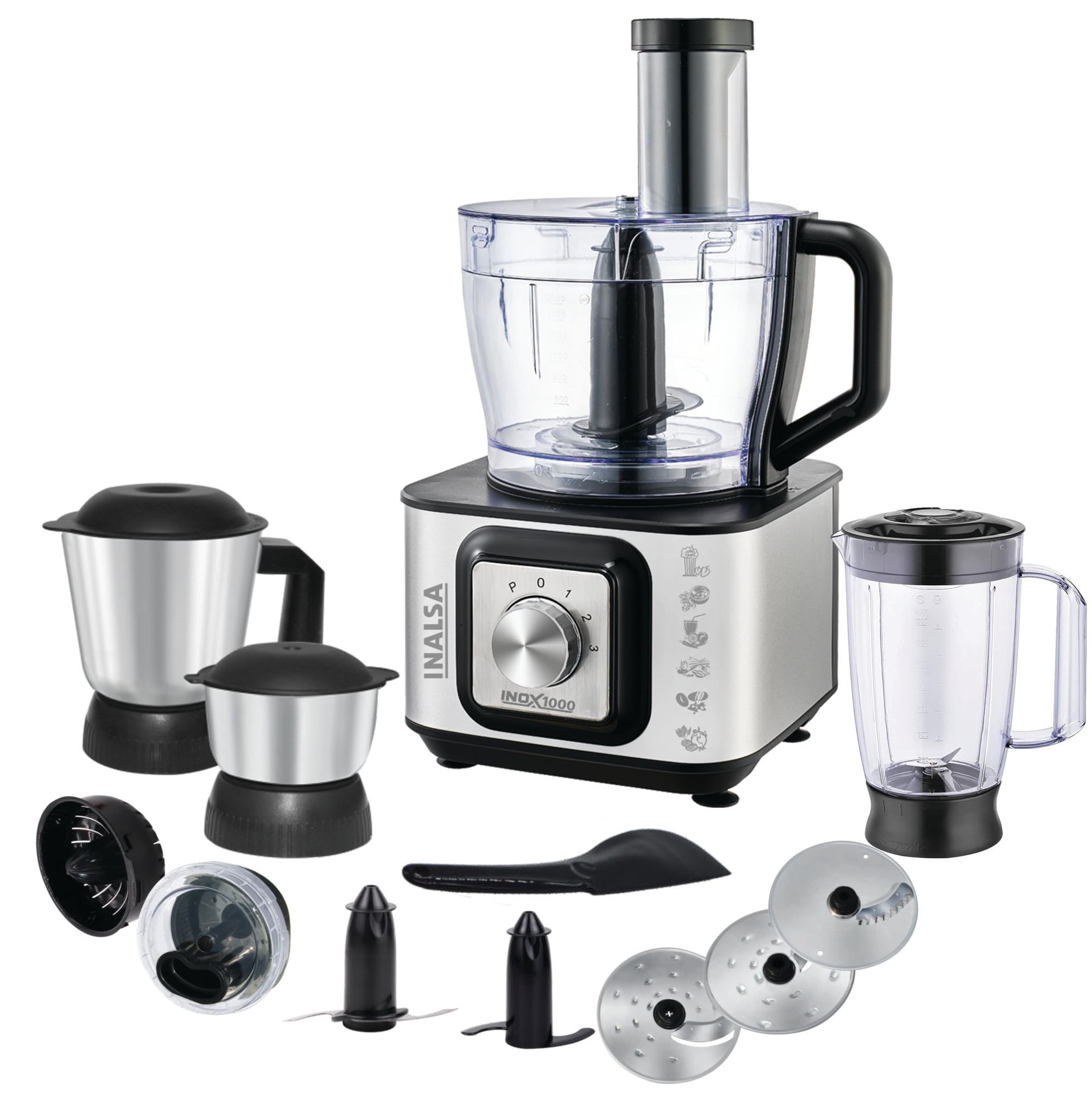 Inalsa INOX Food Processor with Blender Jar Grade SS Dry Grinding,Chutney Jar, Accessories,Centrifugal & Citrus Juicer